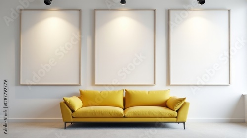 A modern art gallery interior with a minimalist design featuring large, blank, framed canvases on the walls, arranged in a row. The room is well-lit with a yellow fabric sofa and carpeted floor.