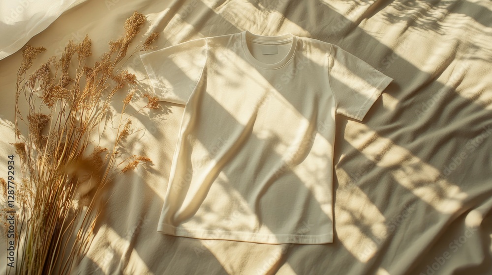 Obraz premium Beige T-Shirt Mockup with Natural Light and Dried Flowers