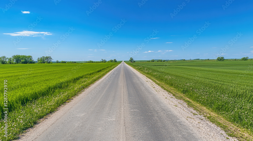 Wide road into distance, flanked by green fields and blue sky. High-definition, horizontal composition. Serene beauty. Wide road into distance, flanked by green fields and blue sky. High-definition, horizontal composition. Serene beauty.