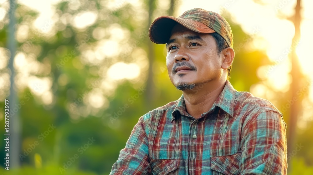 Thoughtful man in plaid shirt and cap enjoying a serene moment in a lush green forest Thoughtful man in plaid shirt and cap enjoying a serene moment in a lush green forest