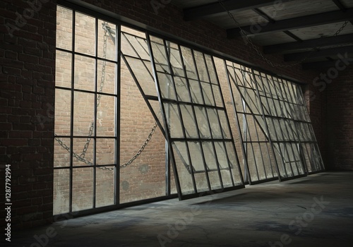 Dark industrial interior dramatic lighting reveals aged windows. AI Generated