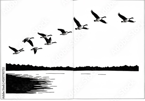 Elegant Geese Fly Gracefully Over Calm Lake. AI Generated