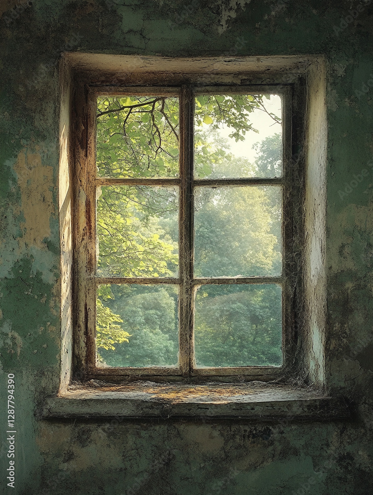 Fototapeta premium Nature peeking through a weathered window frame