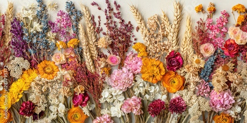 Artistic floral pattern featuring colorful dried flowers and wheat.