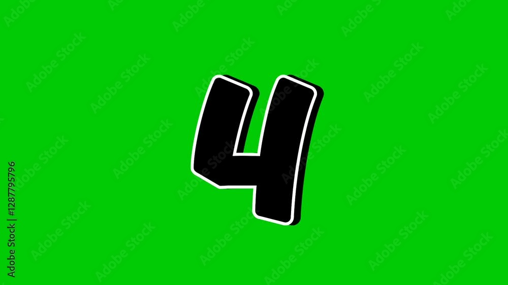 Number 4 four symbol sign animation motion graphics cartoon on green screen background. Black color number reveal on smoke,for video number for video elements