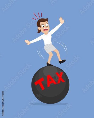 Business woman try to balance on stone Tax ball. Flat, Vector, Illustration, Cartoon, EPS10.