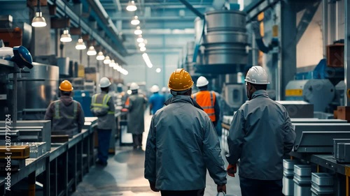 Wallpaper Mural Back view of male factory workers wearing hard hats while walking through an industrial production area, surrounded by machinery and equipment during daytime operations Torontodigital.ca