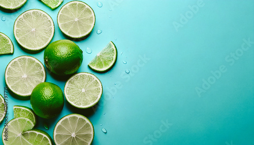 Fresh lemon slices on light blue background. Flat lay. Half space for text. Food concept background.