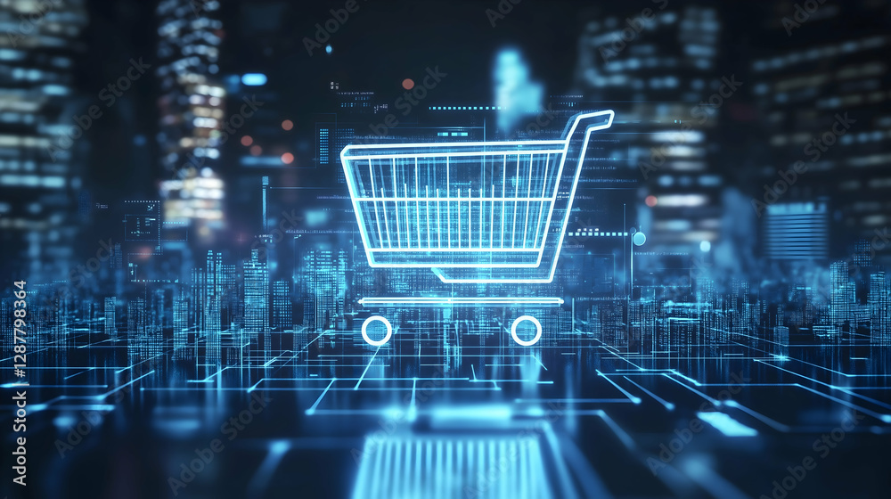 A digital shopping cart icon glows amidst a futuristic cityscape, representing e-commerce and technological advancement. A digital shopping cart icon glows amidst a futuristic cityscape, representing e-commerce and technological advancement.