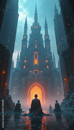 Cyber monks meditating in vibrant futuristic castle, inner peace