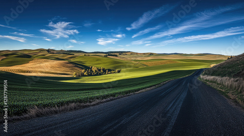 Wide road into distance, flanked by green fields and blue sky. High-definition, horizontal composition. Serene beauty.