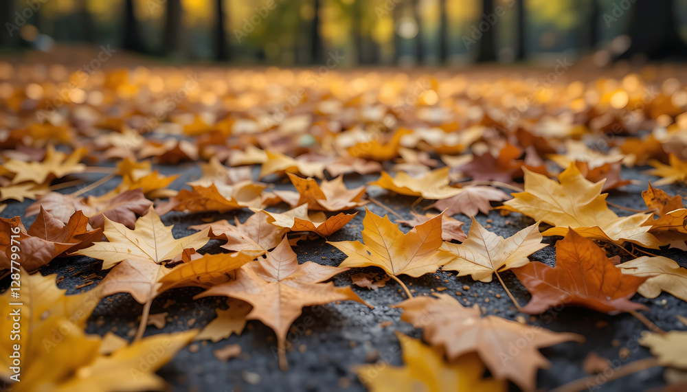 A tranquil carpet of autumn leaves blanketing the ground, illuminated by the soft glow of sunlight filtering through the trees, evokes serenity