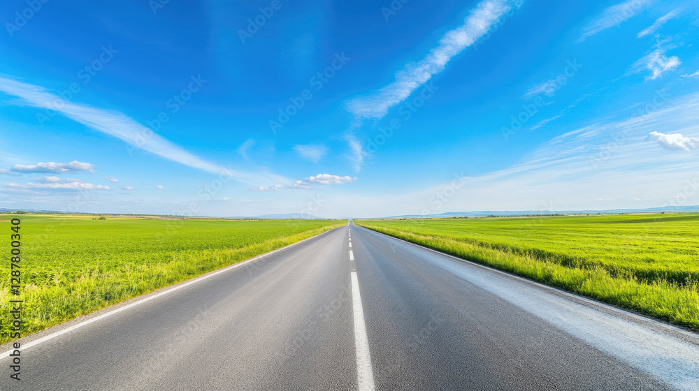 Wide road into distance, flanked by green fields and blue sky. High-definition, horizontal composition. Serene beauty.