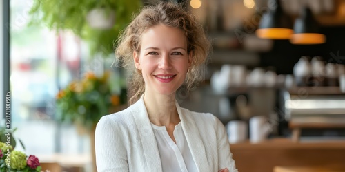 Bright and airy cafÃ© with a female entrepreneur managing orders digitally