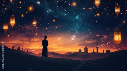 Man in Desert Under Starry Sky with Lanterns