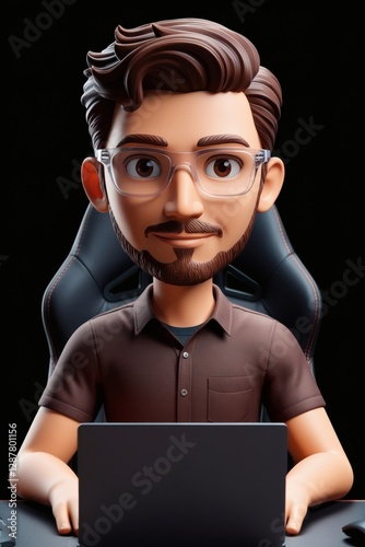 digital avatar influencer wearing brown shirt with laptop 
