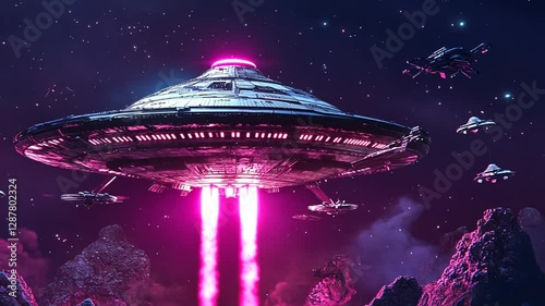 A glowing, futuristic space scene featuring a fleet of alien ships and a large UFO.