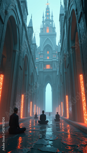 Cyber monks meditating in a futuristic castle, inner peace