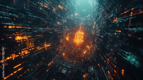 Futuristic Digital Data Tunnel with Glowing Lights