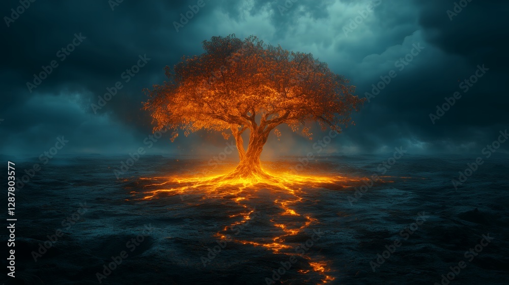 Fototapeta premium Burning tree of desolation: surreal digital art depicting a lone fiery tree in a barren wasteland under a dark, overcast sky—a symbol of struggle, survival, and earth's fragile existence