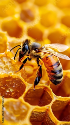 Honeybee collecting nectar from honeycomb with golden hexagonal pattern, macro photography. Natural pollination and honey production concept photo