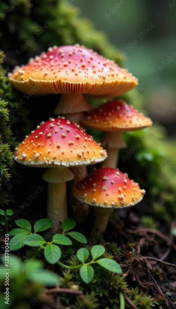 Obraz premium A bed of giant mushroom caps nestled among ferns and moss, natural, texture, enlarge