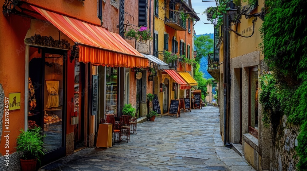 Fototapeta premium Charming cobblestone street lined with colorful shops (2)