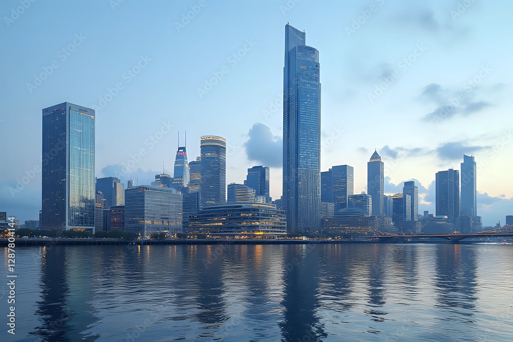 Modern cityscape with skyscraper building and reflection from the river Modern cityscape with skyscraper building and reflection from the river