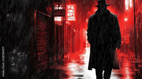 Silhouette of Man in Rainy Noir Alley with Red Neon Lights