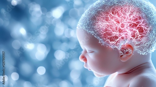Anatomy childbirth concept. A close-up of a baby’s head, showcasing a glowing brain with neural connections, symbolizing intelligence and potential in a dreamy atmosphere.