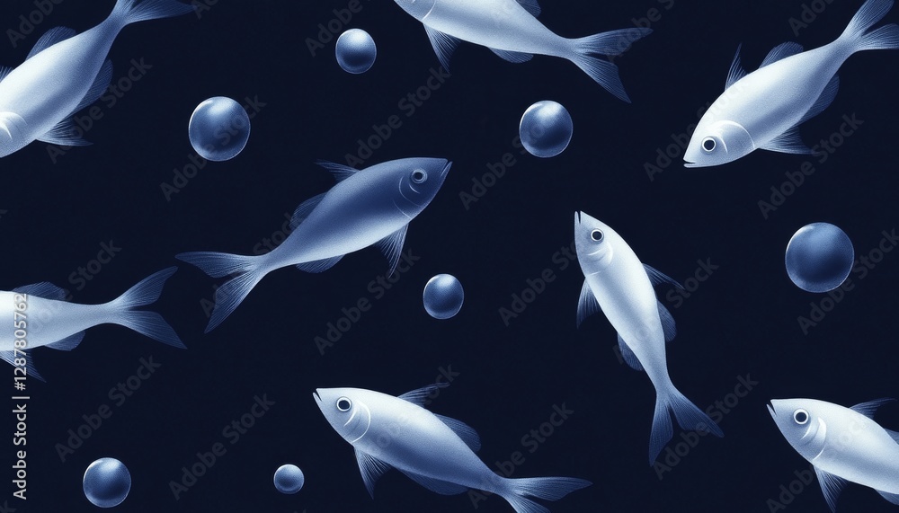 Fototapeta premium Underwater fish pattern, dark blue background, graphic design