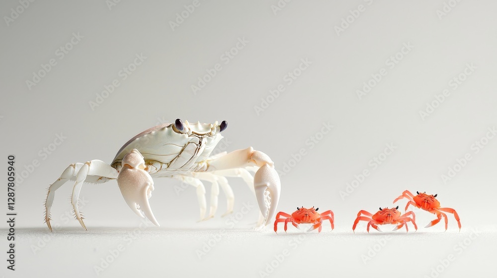 Fototapeta premium Large crab with smaller red crabs on a light background.