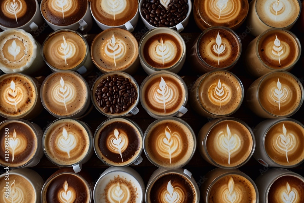 A selection of coffee beverages, including lattes, frappuccinos, espressos, and more. Each cup features a unique design from latte art. A selection of coffee beverages, including lattes, frappuccinos, espressos, and more. Each cup features a unique design from latte art.