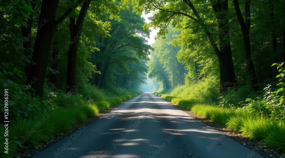 Fototapeta premium Serene Journey Through a Sunlit Forest Canopy A Picturesque Asphalt Road Lined with Lush Green Foliage