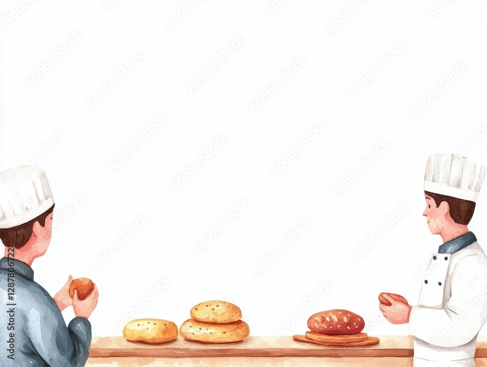 Chefs admiring fresh baked goods on a wooden table in a bright, minimal setting. Chefs admiring fresh baked goods on a wooden table in a bright, minimal setting.