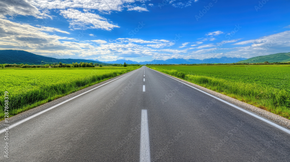 Wide road into distance, flanked by green fields and blue sky. High-definition, horizontal composition. Serene beauty. Wide road into distance, flanked by green fields and blue sky. High-definition, horizontal composition. Serene beauty.