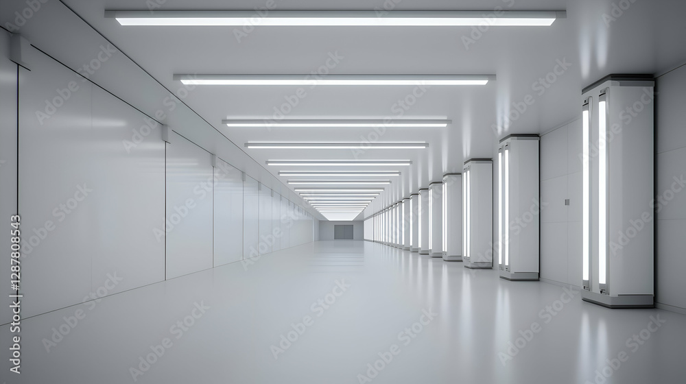 Obraz premium Long White Modern Corridor with Bright Lights