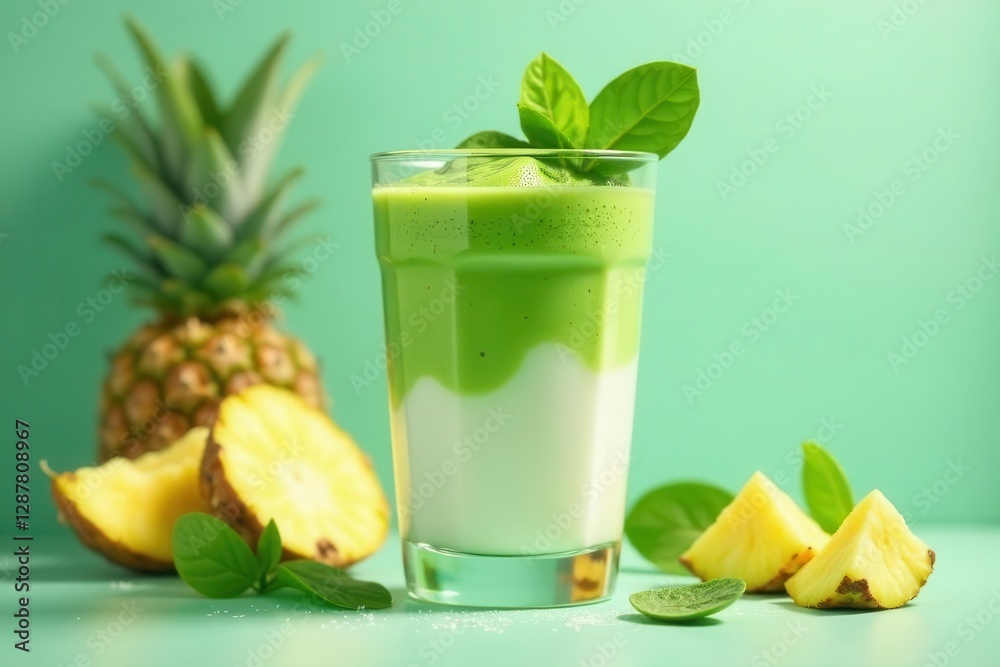 Fototapeta premium Refreshing Tropical Green Smoothie with Pineapple and Herbs in Glass
