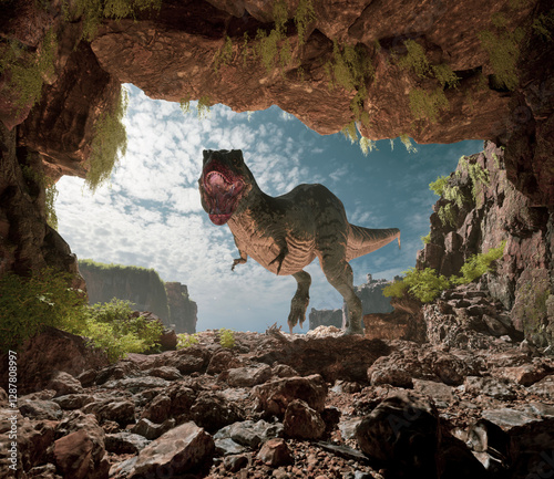Dinosaur standing in a rocky cave under a bright sky with clouds and vegetation
