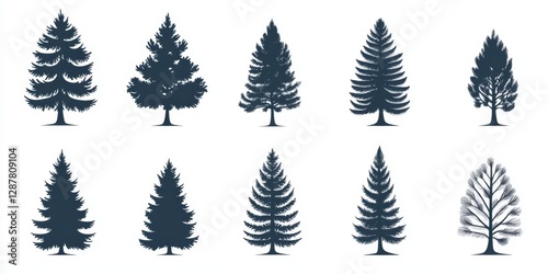 Various tree silhouettes against white background