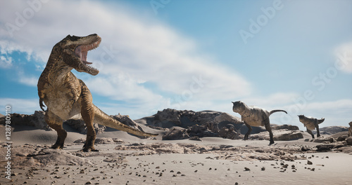 Fotografie Dinosaurs roaming the desert under a clear blue sky during the prehistoric era