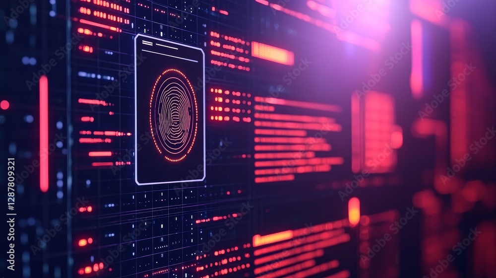 Obraz premium A digital interface showcasing data visualization with vibrant colors and a central emblem.