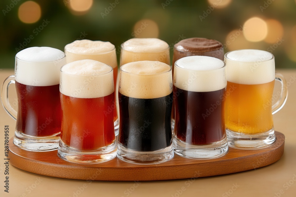 Assorted Beer Tasting Selection On Wooden Tray