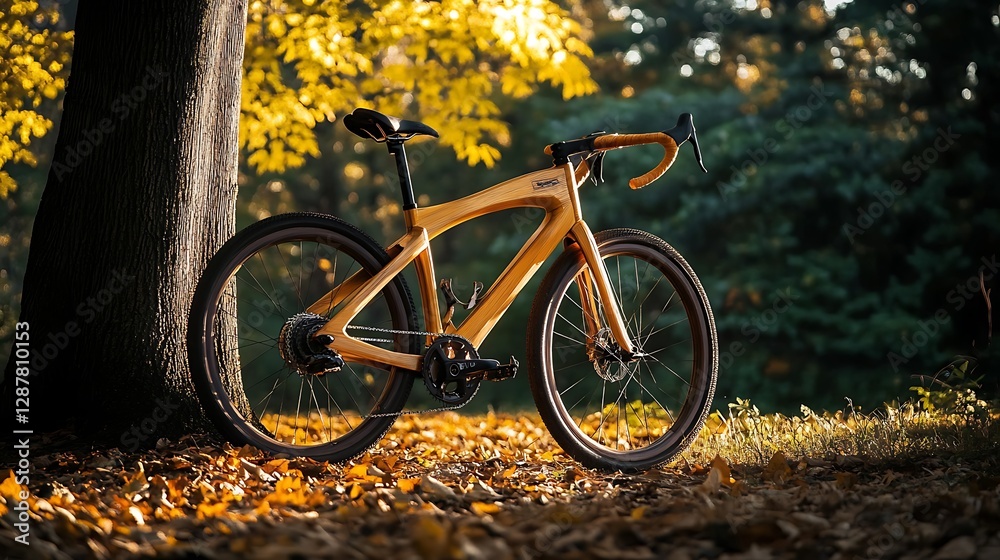 Wooden bicycle leaning against tree in autumnal setting. Wooden bicycle leaning against tree in autumnal setting.