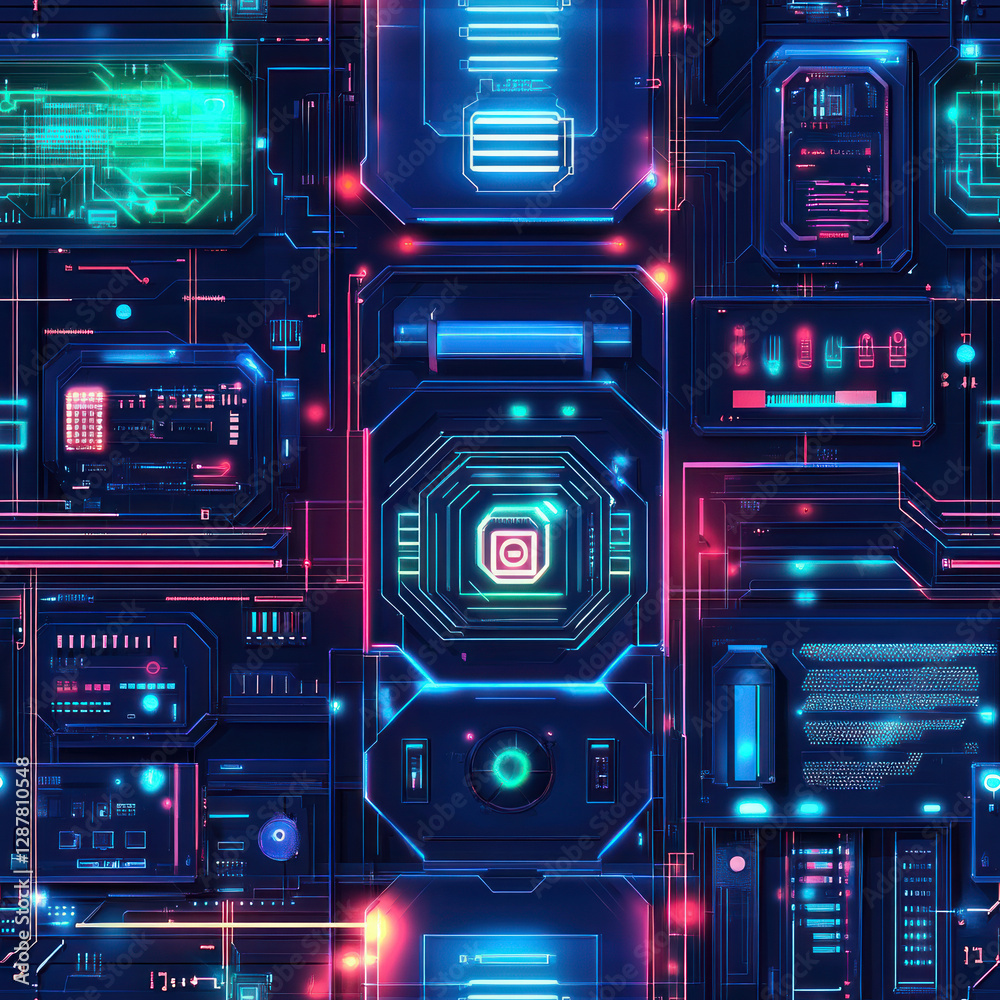 Glowing digital interface showing intricate circuit pattern with neon lights over a tech landscape background Glowing digital interface showing intricate circuit pattern with neon lights over a tech landscape background
