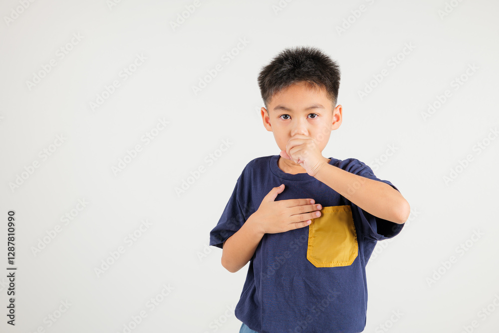 Young kid boy pressing on chest pain isolated on white background, painful expression heartache, primary children having heart attack heart disease, Painful cramps problem Young kid boy pressing on chest pain isolated on white background, painful expression heartache, primary children having heart attack heart disease, Painful cramps problem