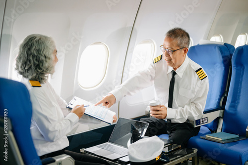Mature commercial male pilot Beautiful middle aged woman airplane captain instructor has a meeting, discussion with aircrew team