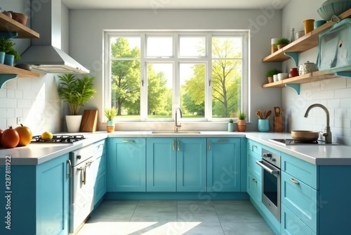 Bright kitchen with sunny window and blue accents,, windows, light