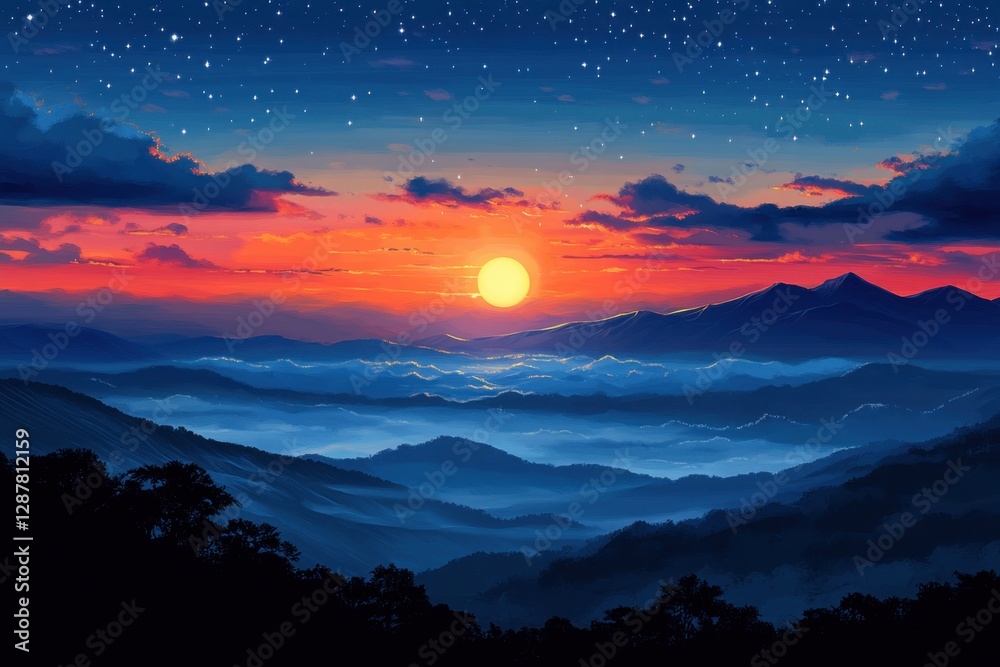Majestic mountain range at sunset with vibrant sky and twinkling stars creating a serene and peaceful atmosphere in nature Majestic mountain range at sunset with vibrant sky and twinkling stars creating a serene and peaceful atmosphere in nature
