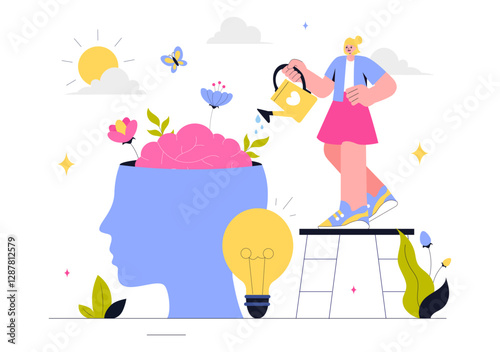 Mental Health Vector Illustration Featuring a Brain and Flowers, Symbolizing Enjoying Life, Solving Mental Problems, and Thinking Positively